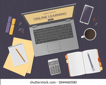 Desktop with laptop and school supplies. Online learning website page in computer screen. Distance e-learning education, digital school. Modern technologies in education. Flat lay. Vector illustration