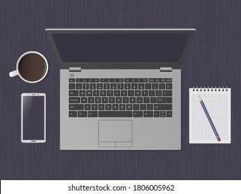 Desktop with laptop, smartphone, cup of coffee and supplies. Workspace with blank screen laptop. Remote work, freelance, online learning, distance education. Top view, flat lay. Vector illustration