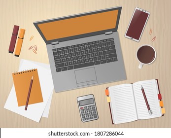 Desktop with laptop, smartphone, cup of coffee and supplies. Workspace with blank screen laptop. Remote work, freelance, online learning, distance education. Top view, flat lay. Vector illustration