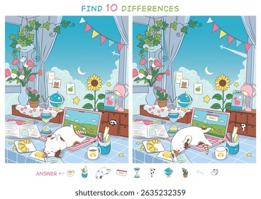 Desktop, laptop, window. Find 10 differences. Educational game for kids. Cartoon vector illustration