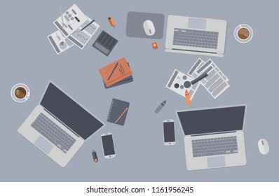 desktop with laptops, papers, calculator of office supplies in flat style