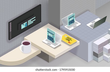 Desktop with a large TV and laptops with a large interface. Vector banner