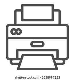 Desktop laser printer with paper line icon, office equipment concept, PC inkjet printing machine sign on white background, outline style icon for mobile and web design. Vector graphics