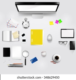 Desktop layout with different items on it. Each of the items is a separate element, and placed on a separate layer for easy use. Office business tools,web, mock up design. Vector