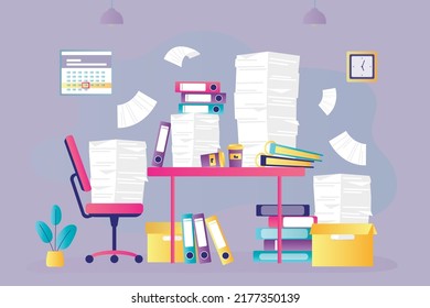 Desktop littered with various folders and documents. Manager's workplace piled with paperwork. Large number of unfinished work for employee. Overloaded office routine. Flat vector illustration