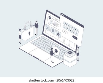 Desktop Login Isometric Illustration Lineal Grey. Suitable for Mobile App, Website, Banner, Diagrams, Infographics, and Other Graphic Assets.