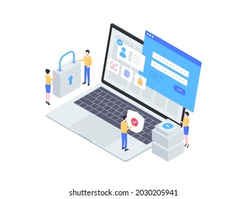 Isometric Illustration de Desktop Login. Adecuado para aplicaciones móviles, sitio web, banner, diagramas, infografías y otros activos gráficos.