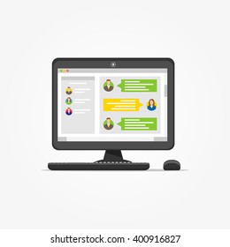 Desktop with messenger application vector illustration. Messenger app creative concept. Application for communication graphic design.
