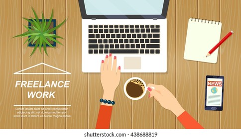 Desktop mix on a wooden table background. Top view. Vector flat illustration