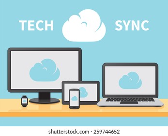 Desktop, Mobile and Wearable Devices on Desk Connected to Cloud Vector Illustration