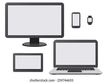 Desktop, Mobile and Wearable Devices Vector Illustrations Collection Isolated on White Background 