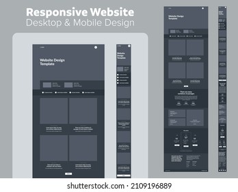 Modo oscuro de diseño de sitios web móviles y de escritorio. Plantilla de trama de página de inicio.