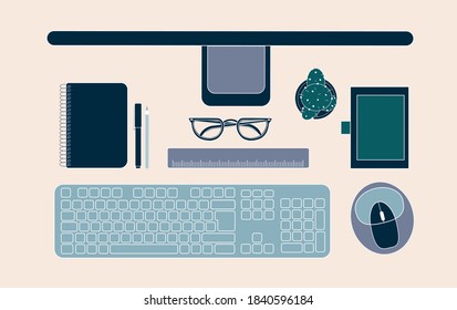 vista superior de maquillaje de escritorio con portátil, gafas, regla y cactus de diseño plano minimalista con espacios blancos y teléfono inteligente 