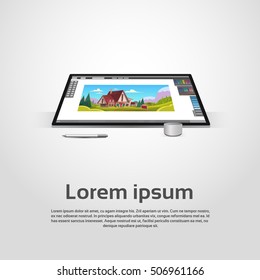 Desktop Modern Computer Graphic Designer Workplace Vector Illustration