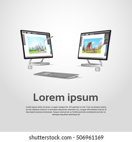 Desktop Modern Computer Graphic Designer Workplace Vector Illustration