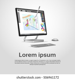 Desktop Modern Computer Graphic Designer Workplace Vector Illustration