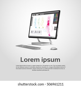 Diseño de escritorio Moderno Diseñador gráfico de computadoras Ilustración de vectores de trabajo