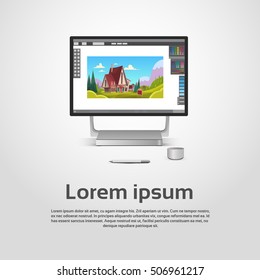 Desktop Modern Computer Graphic Designer Workplace Vector Illustration
