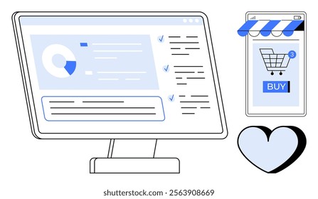 Desktop monitor with analytic dashboard, smartphone with shopping cart and buy button, and a heart icon. Ideal for e-commerce online shopping analytics user experience digital marketing and retail