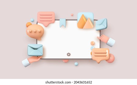 Desktop monitor computer. Creative concept idea, realistic 3d design. Communication with Social media. Information Social network. Volume icons messages and email, Hand shows. Vector illustration