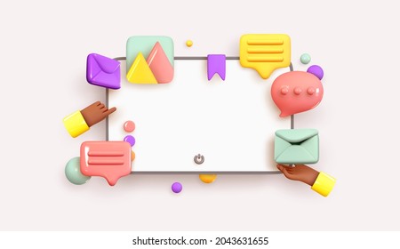 Desktop monitor computer. Creative concept idea, realistic 3d design. Communication with Social media. Information Social network. Volume icons messages and email, Hand shows. Vector illustration