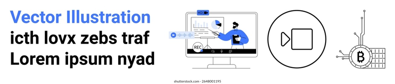 Desktop monitor displaying data analytics, a blockchain circuit, and a video play icon. Ideal for technology, finance, education, marketing, business presentations, software development, and data