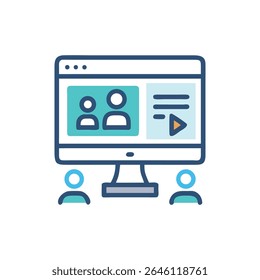 A desktop monitor displays a virtual conference with teal video interface. Two avatars are seen below. Flat design style.
