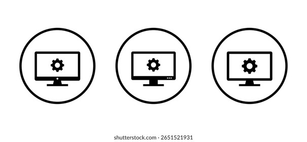 Desktop monitor icon with gear symbol. Computer settings and system configuration concept inside circular outline