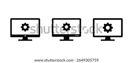 Desktop monitor icon with gear symbol. Computer settings and system configuration concept