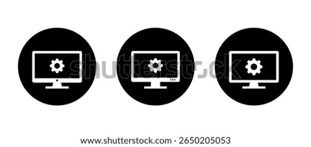 Desktop monitor icon with gear symbol. Computer settings and system configuration concept in black circle