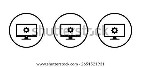 Desktop monitor icon with gear symbol. Computer settings and system configuration concept inside circular outline