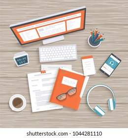 Desktop with monitor, keyboard, documents, folder, headphones, phone, clock, notebook, coffee. Wooden table top view. Workplace background. Vector illustration