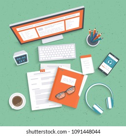Desktop with monitor, keyboard, documents, folder, headphones, phone, clock, notebook, coffee. Table top view. Workplace background. Vector illustration