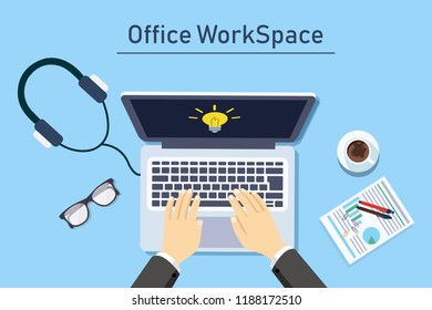 Desktop with monitor, keyboard, documents, headphones, phone, clock, notebook, coffee, calculator. Wooden table top view. Workplace background. Vector illustration