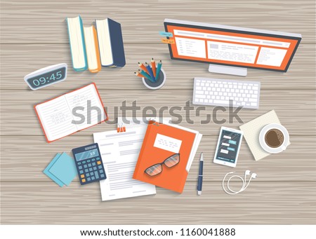 Desktop with monitor, keyboard, documents, headphones, phone, clock, notebook, coffee, calculator. Wooden table top view. Workplace background. Vector illustration