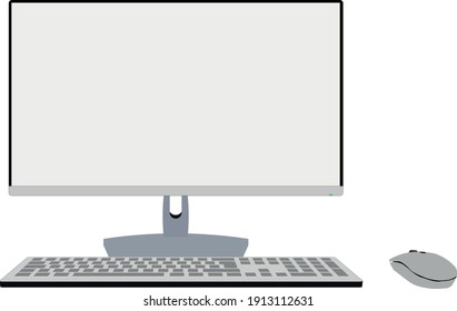 Desktop monitor keyboard and mouse with white wallpaper screen isolated on grey