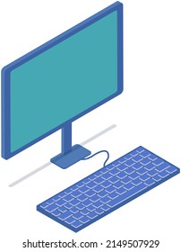 Desktop with monitor and keyboard for typing. Equipment for workplace at home or office isolated on white background. Modern computer screen for work. Technology and appliance, electronic hardware