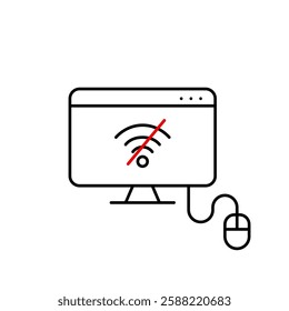 Desktop monitor, mouse and no wi-fi symbol. Offline mode, Internet disconnected. Pixel perfect, editable stroke vector icon