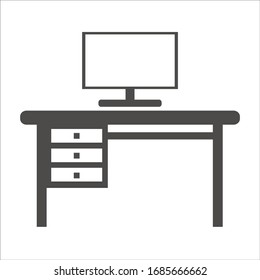 Desktop monitor or screen on a table with drawers black and white icon