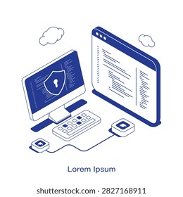 Desktop monitor showing code and a shield with a keyhole, next to a large floating code editor window. Clean IT secure programming technology layout. Isometric cybersecurity vector illustration