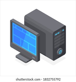 Desktop Monitor With System Case. Black Computer. Flat 3d Vector Isometric Illustration Isolated On White Background.