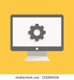 Desktop monitor vector illustration with gear inside it. Computer management flat icon design element