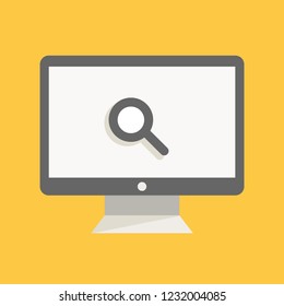 Desktop monitor vector illustration with magnifying glass inside it. Computer searching data history flat icon design element