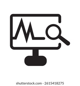 Desktop monitor vector illustration magnifying glass inside it. Computer searching data history flat icon design element