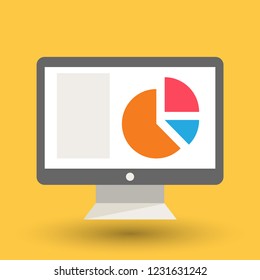 Desktop monitor vector illustration showing data in pie chart as presentation in flat design