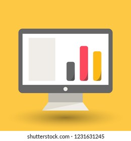 Desktop monitor vector illustration showing data in graph as presentation in flat design