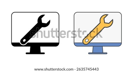 Desktop monitor with wrench icon in outline and color styles, vector illustration symbolizing computer repair, IT maintenance, or technical support for desktop systems.