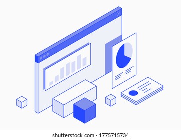 Desktop monitoring, statistics illustration with charts and graph in flat line design. Isomentric illustration of analyst workplace for website.