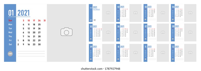 Desktop Monthly Photo Calendar 2021. Corporate and Business photo calendar Layout for 2021 in English. Cover Calendar Template and 12 monthes templates. Week starts from Sunday. Vector illustration
