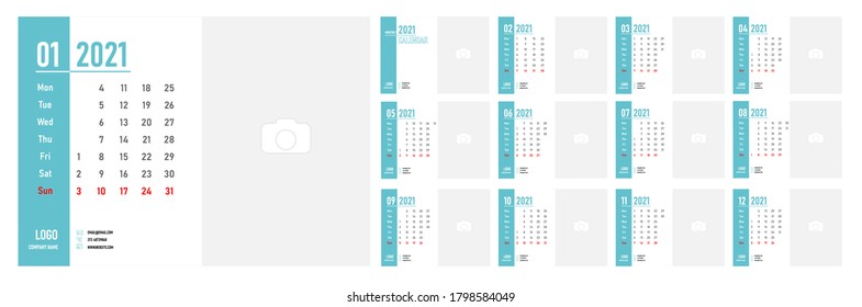 Desktop Monthly Photo Calendar 2021. Simple monthly horizontal photo calendar Layout for 2021 years in English. Cover Calendar Template and 12 monthes templates. Week starts from Monday. 